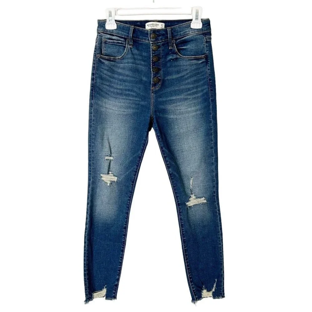 Abercrombie Fitch Super‎ Skinny High Rise Jeans Womens Size 27 Chewed Hem